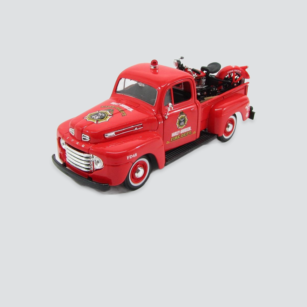 MAISTO - FORD USA - F-1 PICK-UP CUSTOM HARLEY-DAVIDSON 1948 + MOTORCYCLE HARLEY DAVIDSON EL KNUCKLEHEAD 1936 FIRE DEPARTMEN